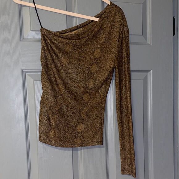 Brown Champagne Gold One-Shoulder Snake print shiny sleeve Bishop + Young Top S - Picture 3 of 3